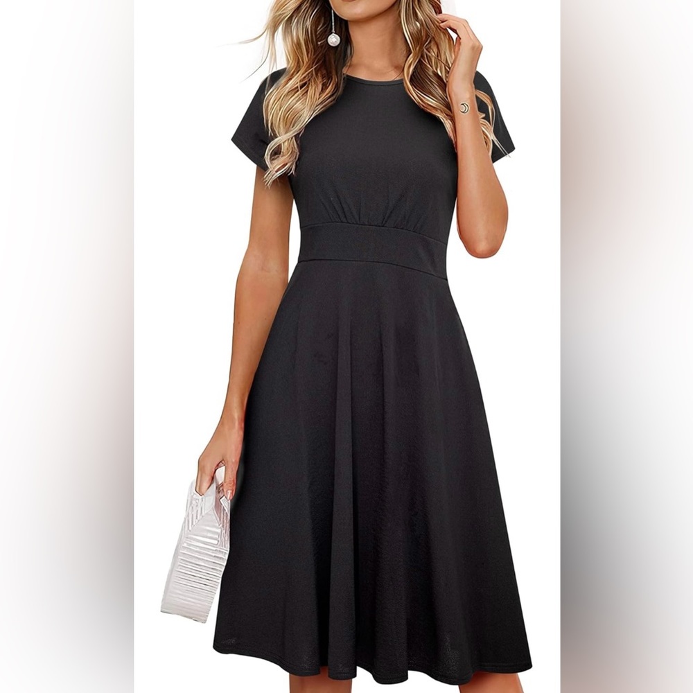 HOMEYEE Women's Short Sleeve BLACK Casual Aline Midi - size Medium (US 6) - NWT